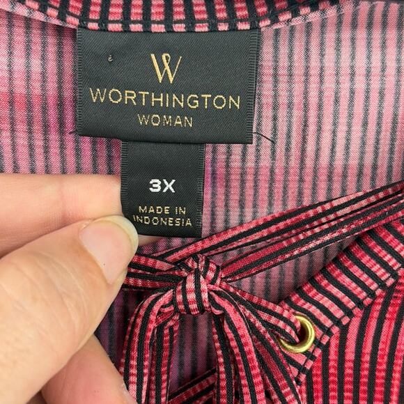 Worthington Lace Up Neck Womens Top Sz 3X Boho Flowy Burgundy Office Striped - Picture 8 of 8